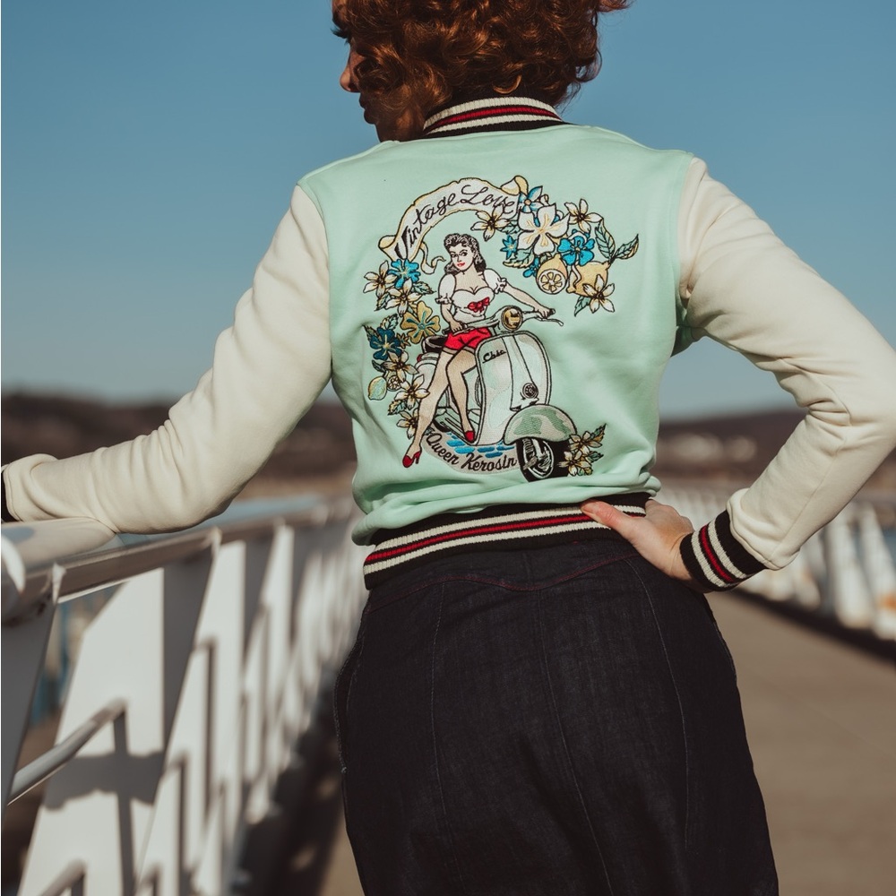 “Vintage Love” Retro 50s Pin-Up Embroidered Varsity Bomber Jacket - Mint Green